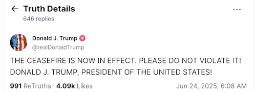 Donald Trump afirma que el alto el fuego "ya está en vigor"