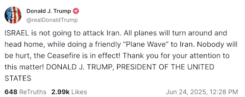 Trump asegura que Israel no atacará a Irán y confirma que el alto el fuego sigue vigente