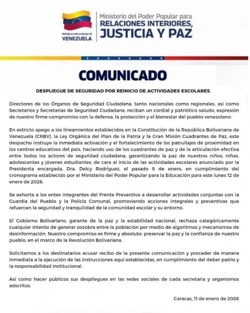 Venezuela reanuda clases escolares este lunes; Rodríguez ordena reforzar la seguridad