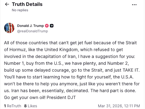 "Estados Unidos ya no estará ahí": el ultimátum de Trump a los países que dependen del petróleo que pasa por Ormuz